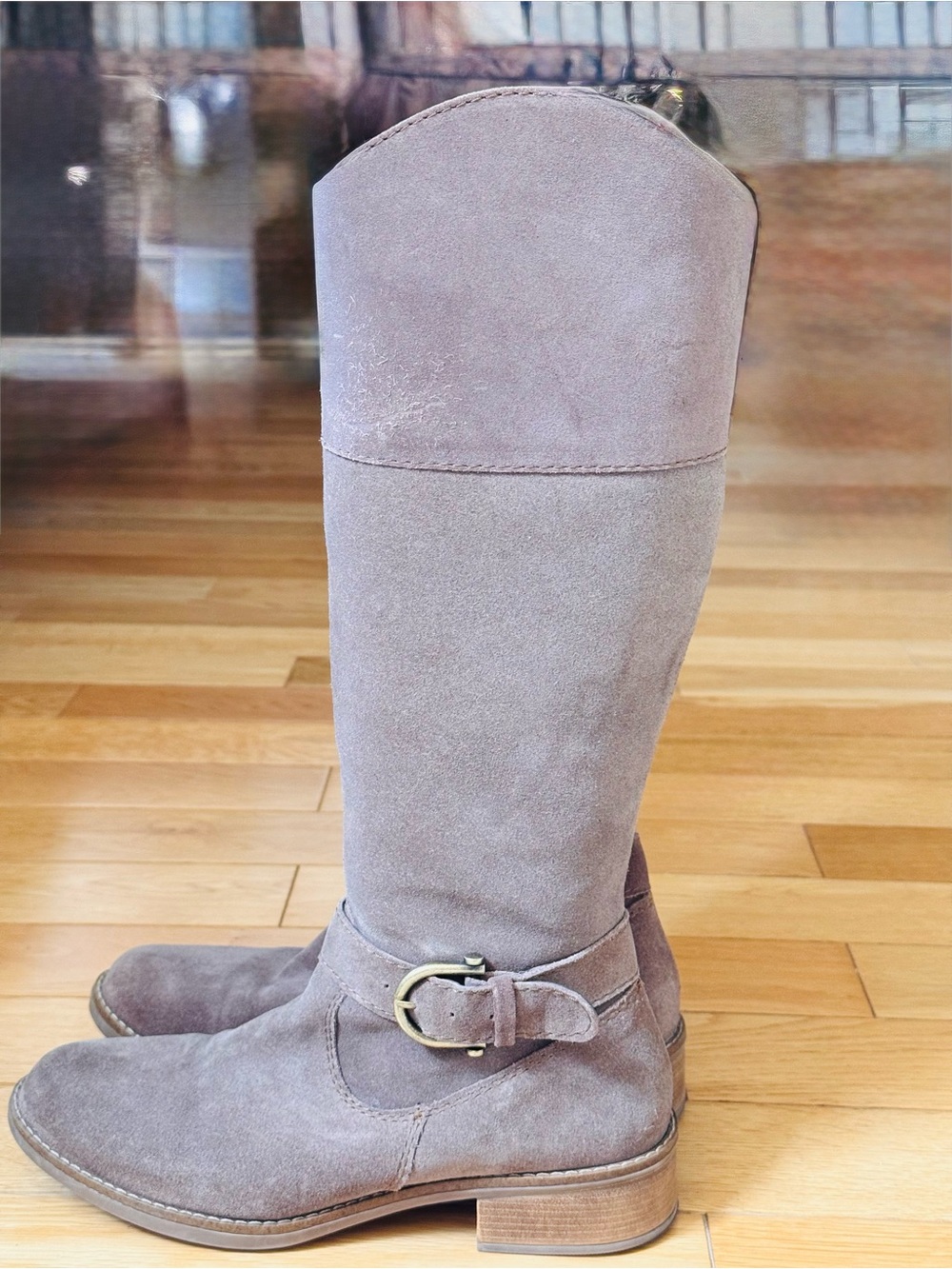 Women’s Taupe Suede Knee-High Buckle Boots